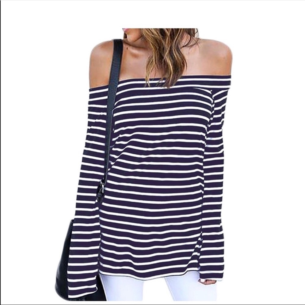 Off shoulder navy blue striped top